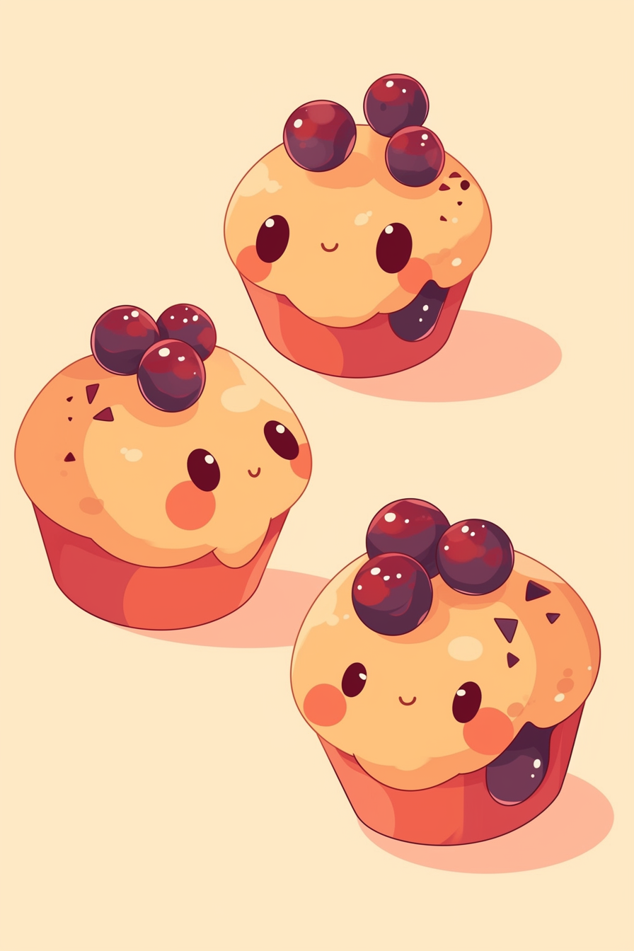Thanksgiving food drawing ideas featuring three cute cranberry muffins with smiling faces and colorful details.